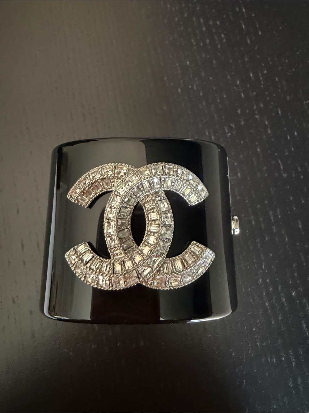 CHANEL Black Bracelet with Crystal CC Emblem